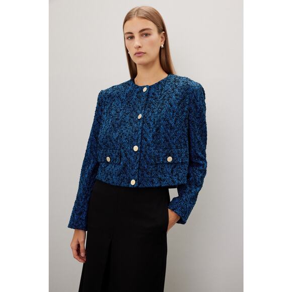 BOSS Royal Blue Tweed Blazer Gold Button Distressed Janoa Jacket Size US 2 - Picture 2 of 14